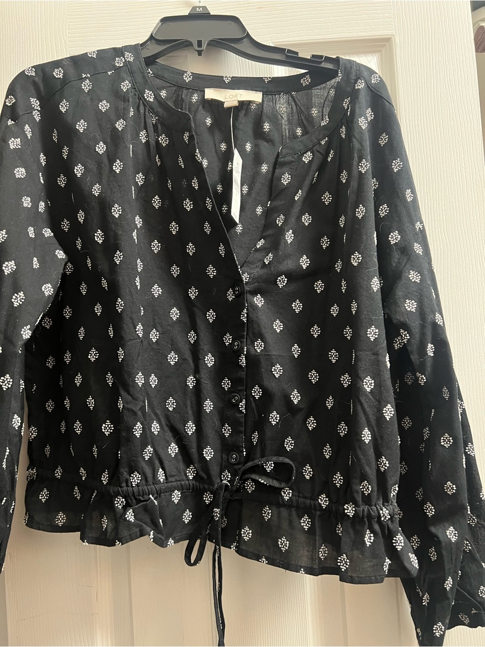 LOFT Black Button-Front Printed Drawstring Blouse